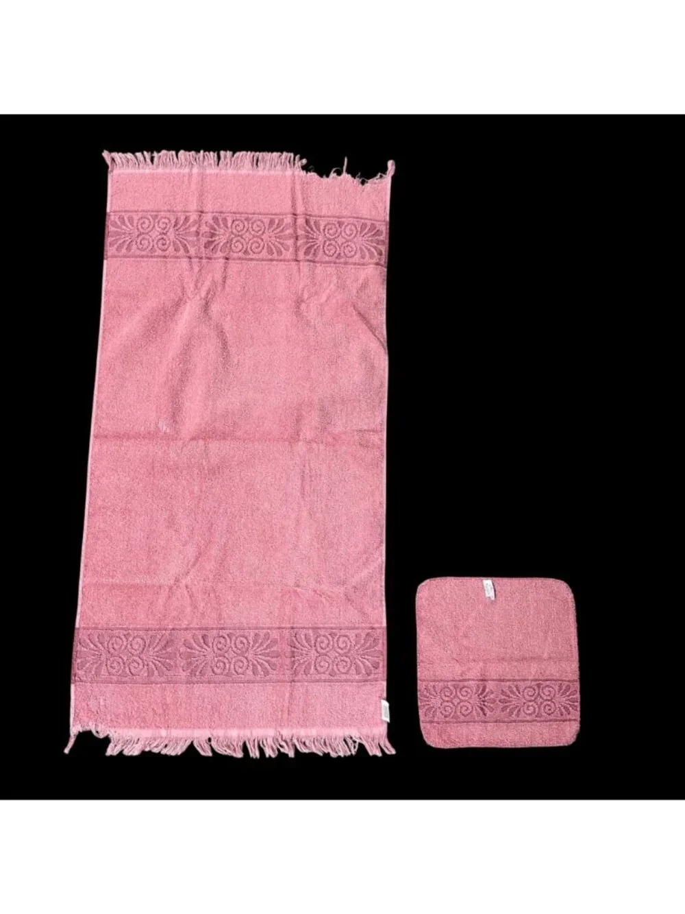 Vintage Pink Cannon Bath Towels Washcloths Set Sculpted Seashell Fringe 80s USA